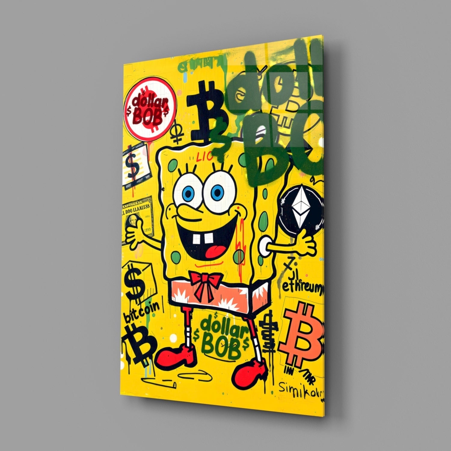 Crypto Yellow Sponge Cartoon Glass Wall Art || Designer Collection