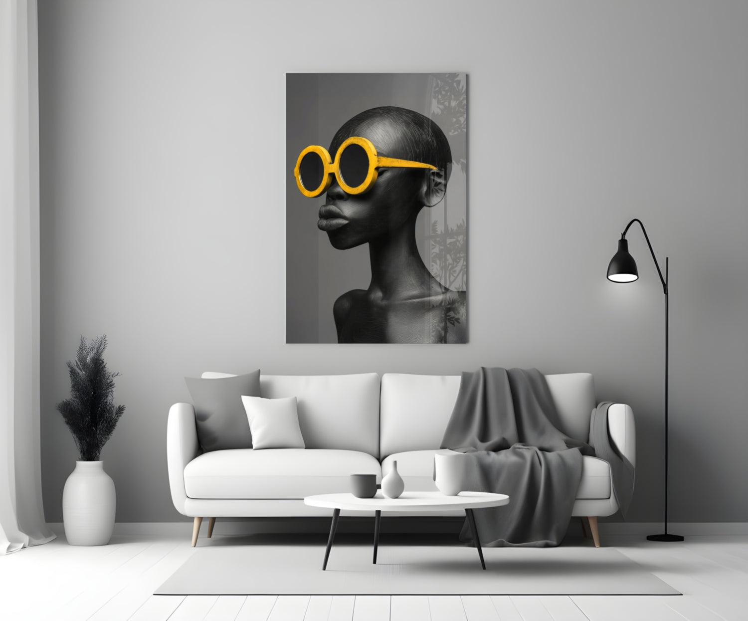 Yellow Round Sunglasses Gray Portrait Glass Wall Art