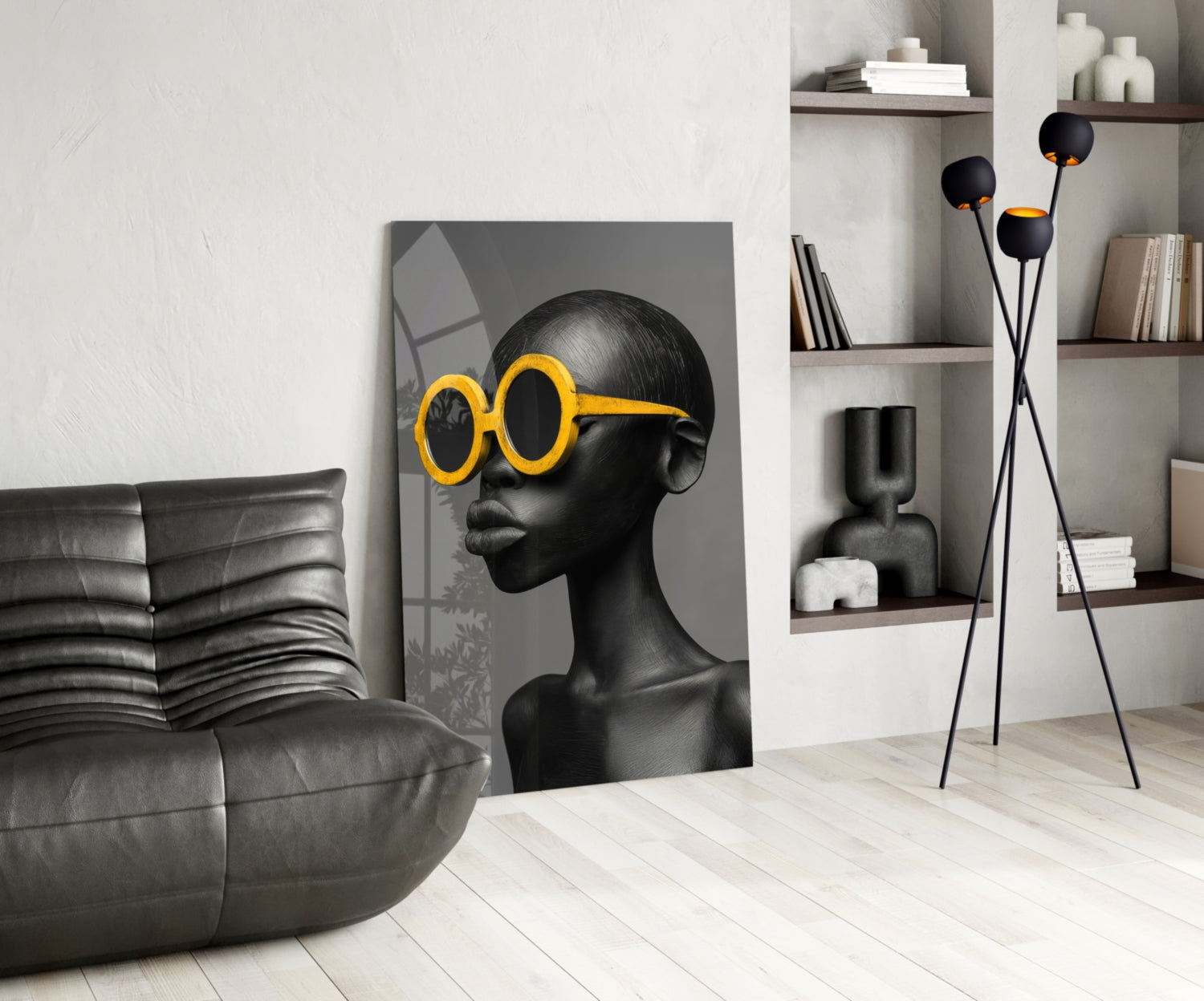 Yellow Round Sunglasses Gray Portrait Glass Wall Art