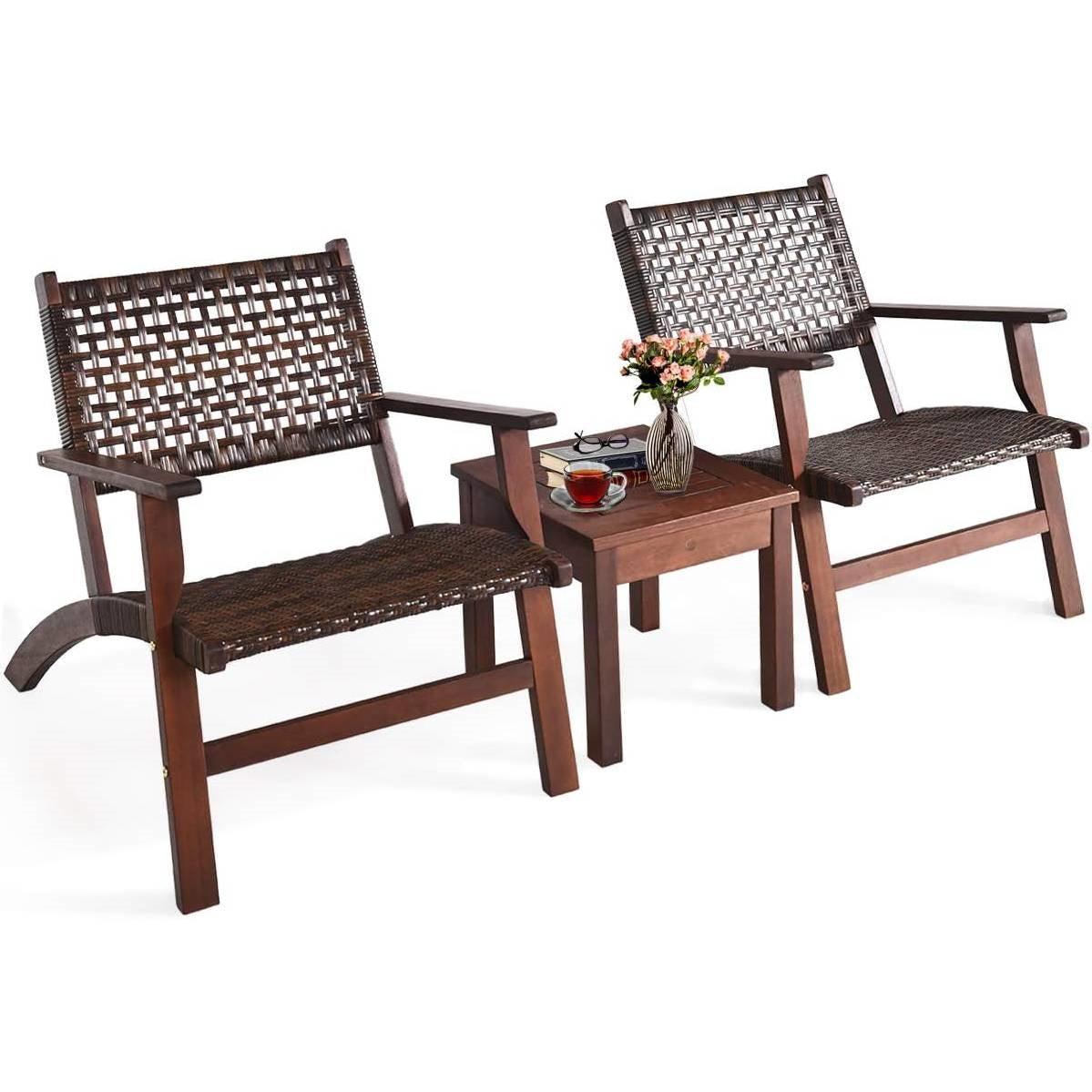 Solid Wood and Rattan 3-Piece Outdoor Patio Furniture Table Chairs Set - PRHOMZ