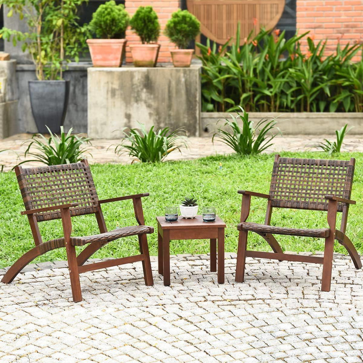 Solid Wood and Rattan 3-Piece Outdoor Patio Furniture Table Chairs Set - PRHOMZ