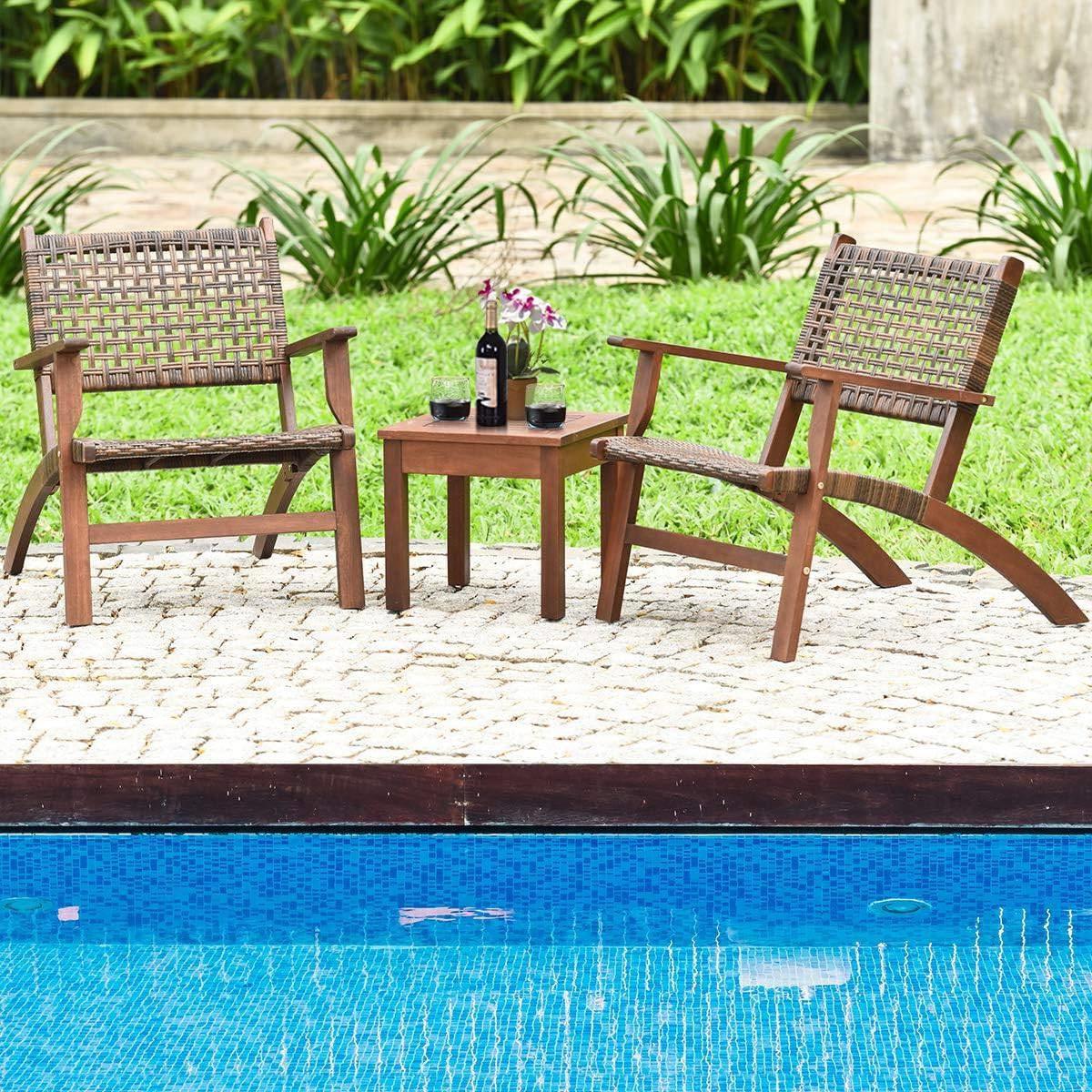 Solid Wood and Rattan 3-Piece Outdoor Patio Furniture Table Chairs Set - PRHOMZ