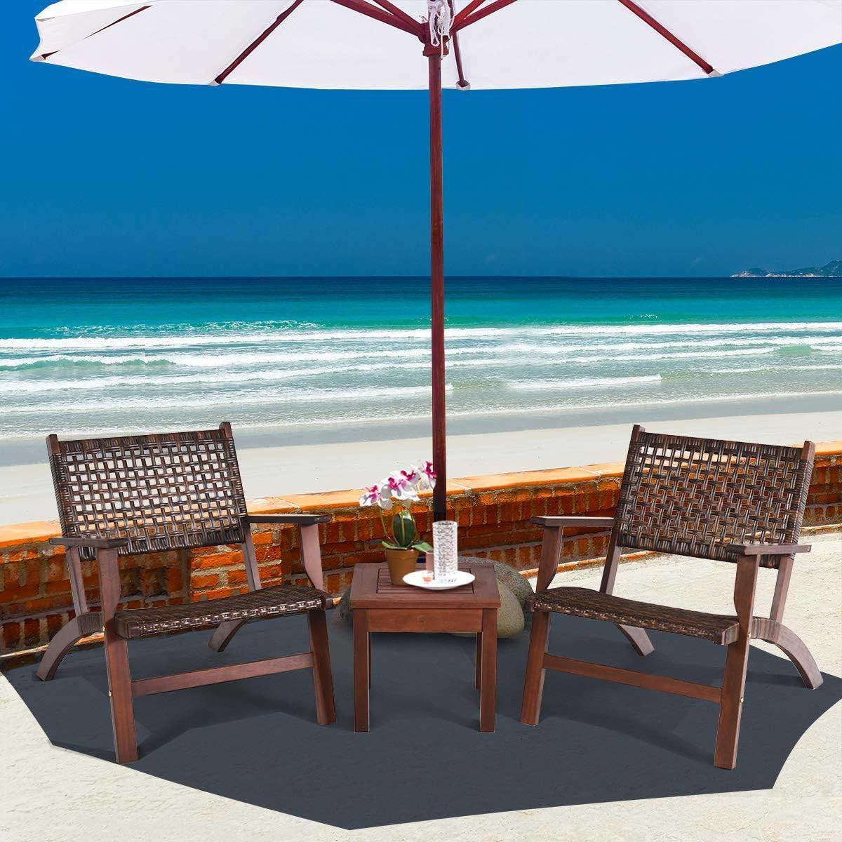 Solid Wood and Rattan 3-Piece Outdoor Patio Furniture Table Chairs Set - PRHOMZ