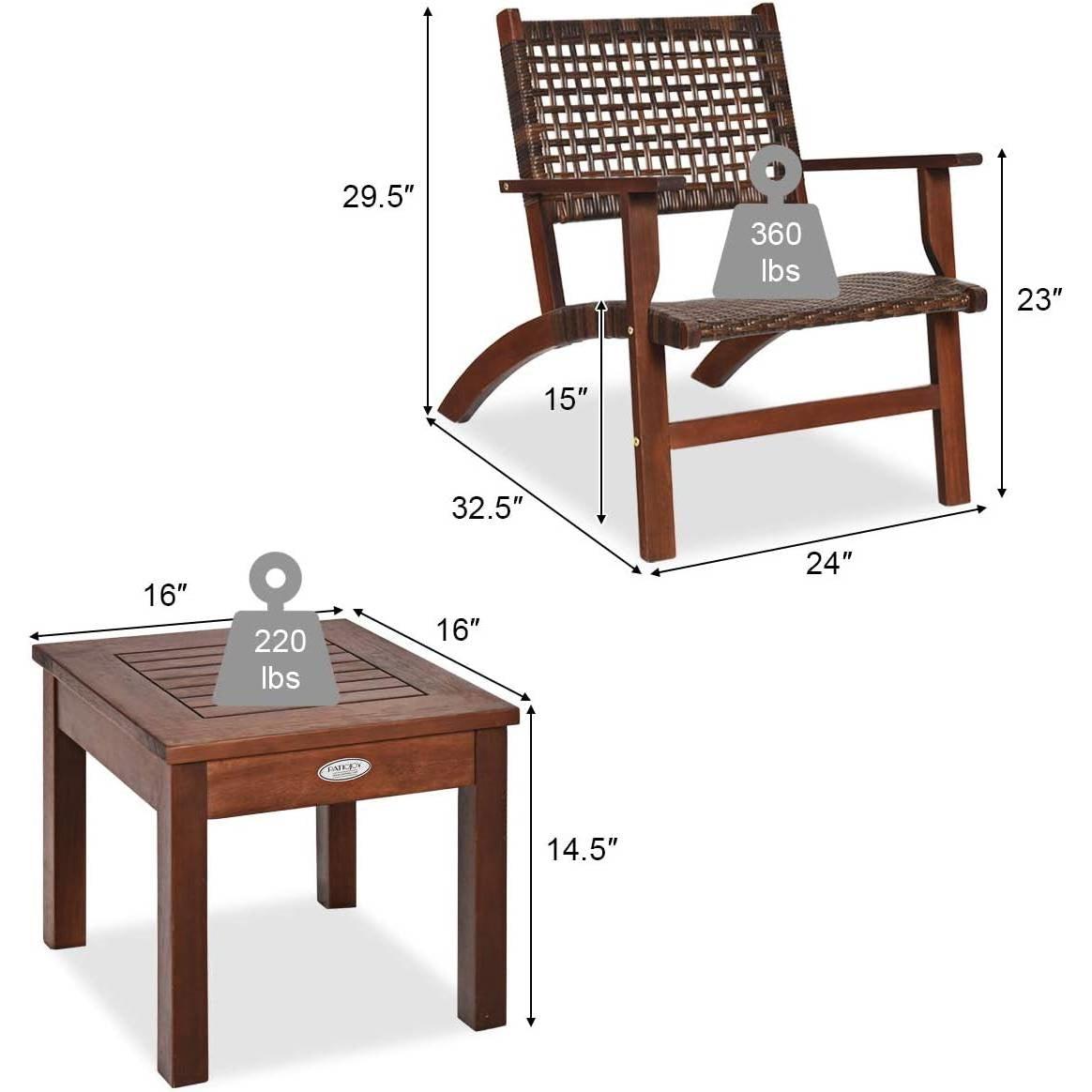 Solid Wood and Rattan 3-Piece Outdoor Patio Furniture Table Chairs Set - PRHOMZ