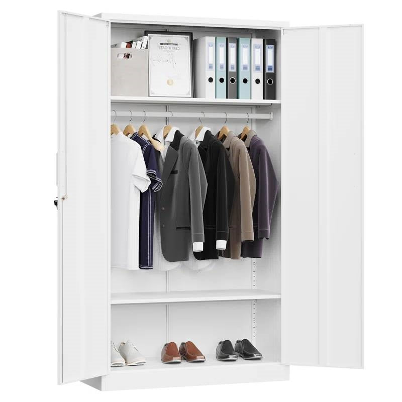 White Metal Locking Wardrobe Armoire Cabinet with Clothing Hanging Rod-2