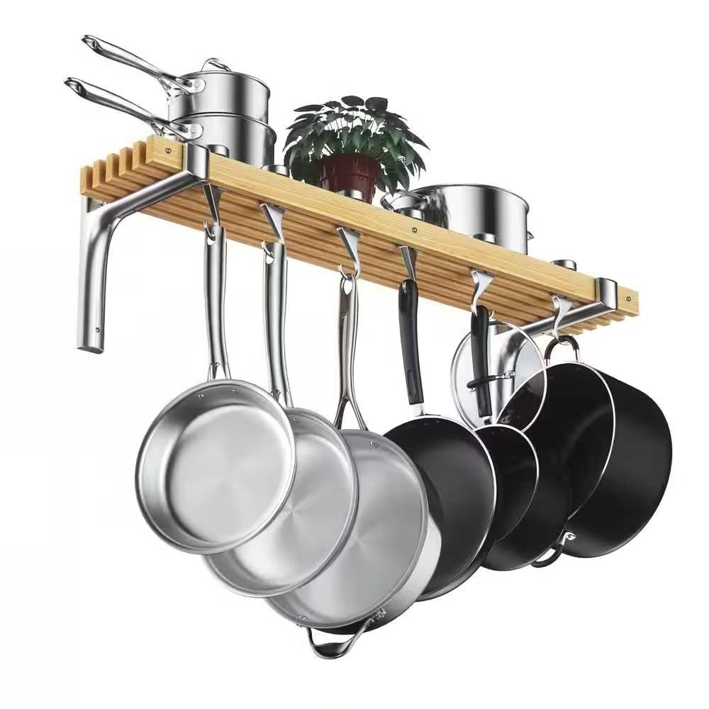 36-inch x 8-inch Wall Mounted Metal Wood Pot Rack with 6 Swivel Hooks - PRHOMZ