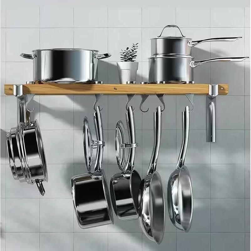 36-inch x 8-inch Wall Mounted Metal Wood Pot Rack with 6 Swivel Hooks - PRHOMZ