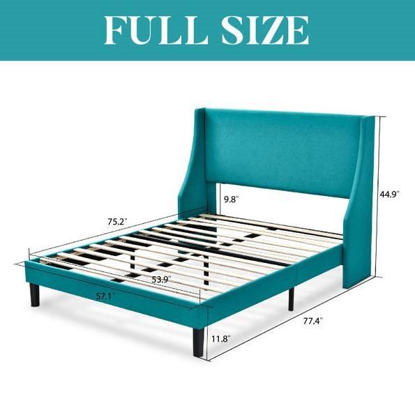 Full Size Turquoise Linen Blend Upholstered Platform Bed with Wingback Headboard - PRHOMZ