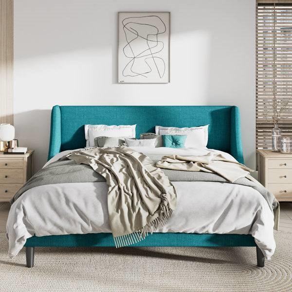 King Size Upholstered Linen Blend Headboard Wingback Platform Bed in Turquoise - PRHOMZ