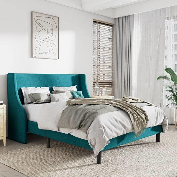 King Size Upholstered Linen Blend Headboard Wingback Platform Bed in Turquoise - PRHOMZ