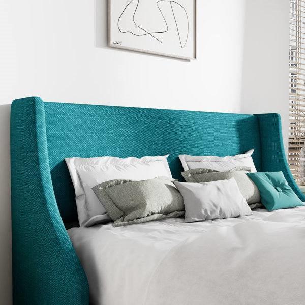 King Size Upholstered Linen Blend Headboard Wingback Platform Bed in Turquoise - PRHOMZ
