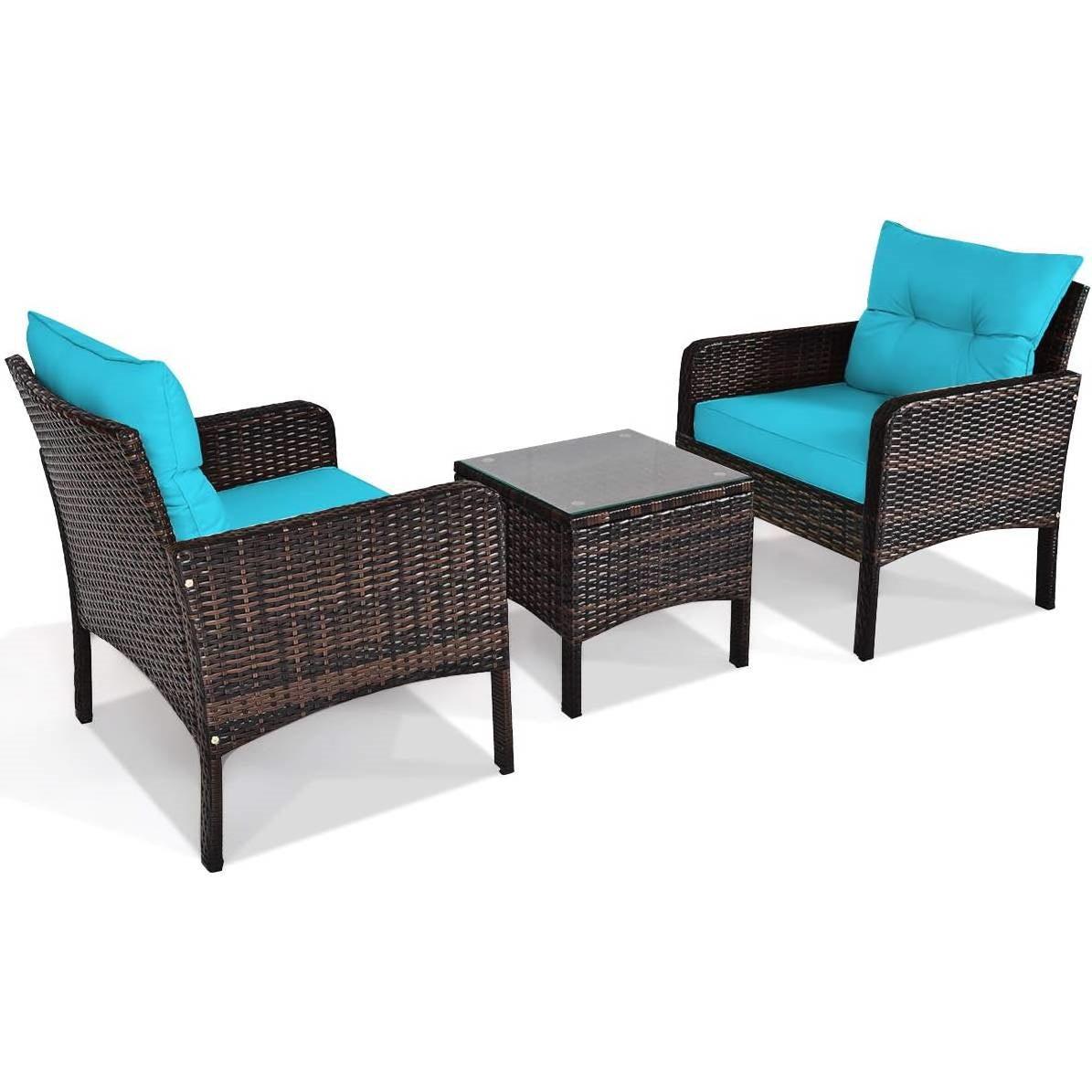 3-Piece Brown PE Rattan Outdoor Patio Furniture Dining Set w/ Turquoise Cushions - PRHOMZ