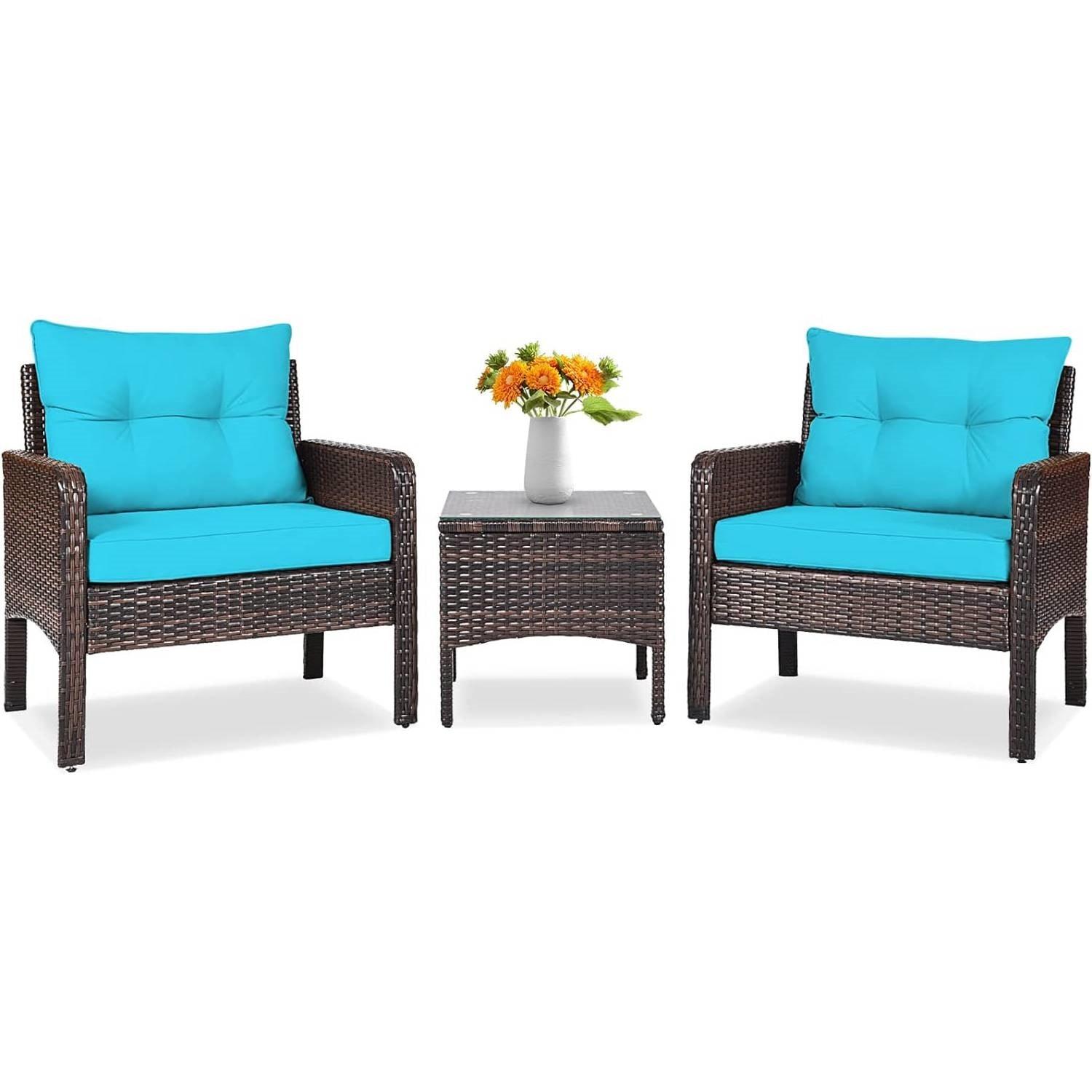 3-Piece Brown PE Rattan Outdoor Patio Furniture Dining Set w/ Turquoise Cushions - PRHOMZ
