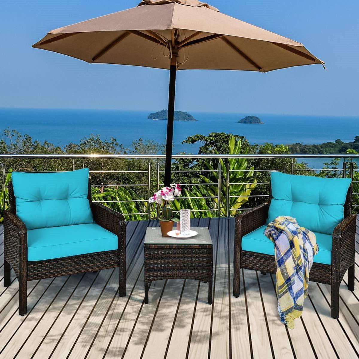 3-Piece Brown PE Rattan Outdoor Patio Furniture Dining Set w/ Turquoise Cushions - PRHOMZ