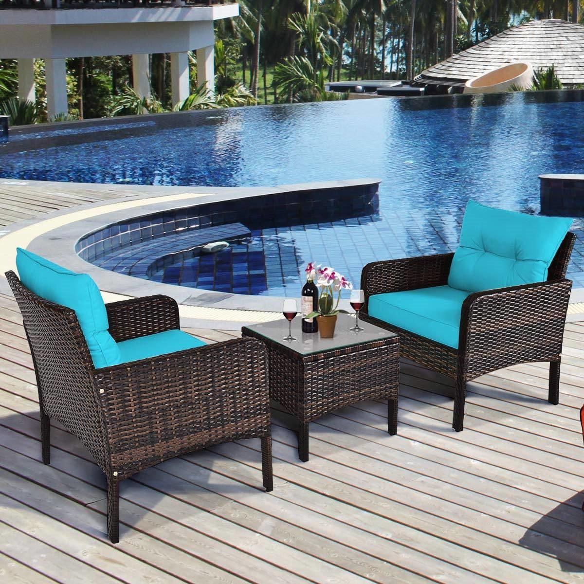 3-Piece Brown PE Rattan Outdoor Patio Furniture Dining Set w/ Turquoise Cushions - PRHOMZ