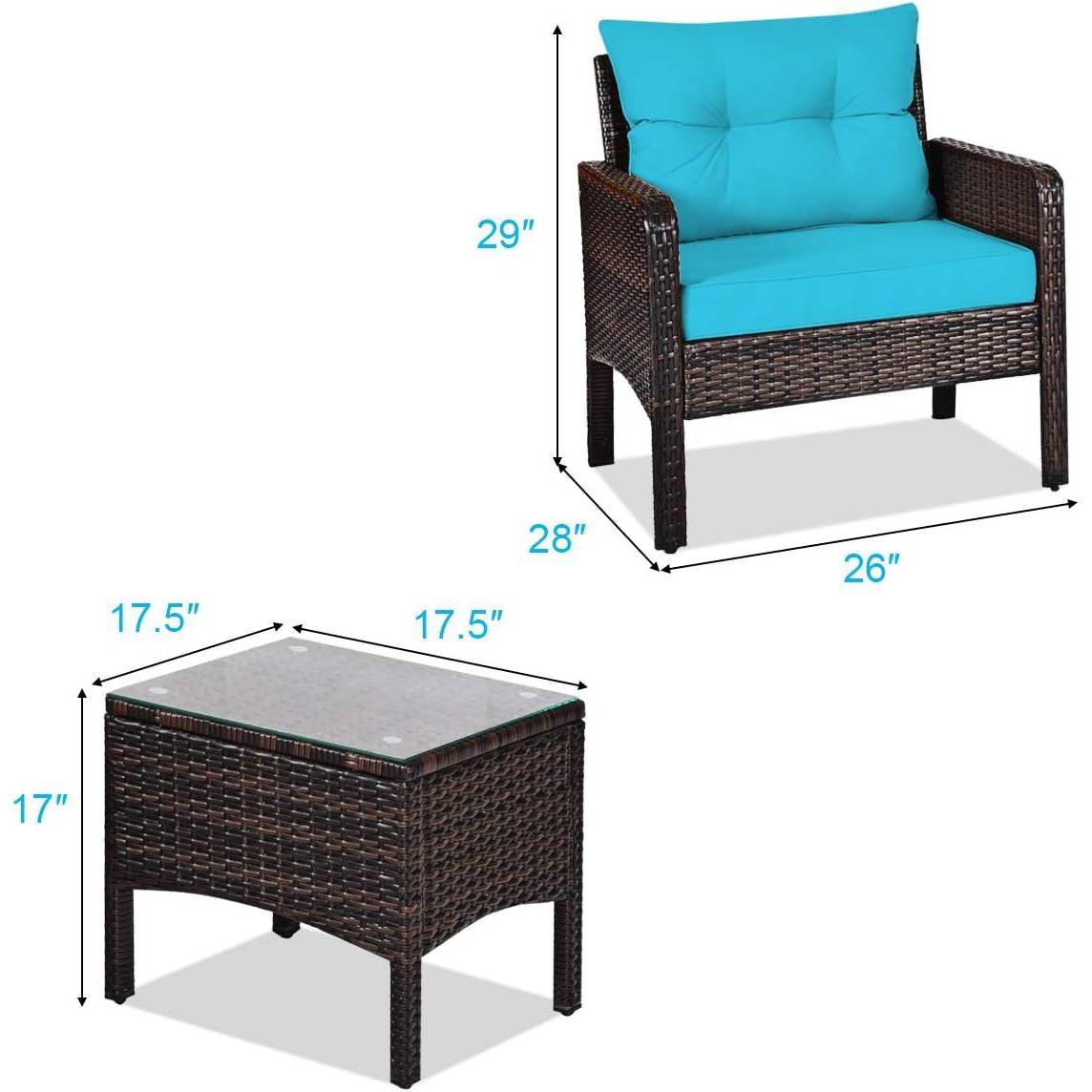 3-Piece Brown PE Rattan Outdoor Patio Furniture Dining Set w/ Turquoise Cushions - PRHOMZ