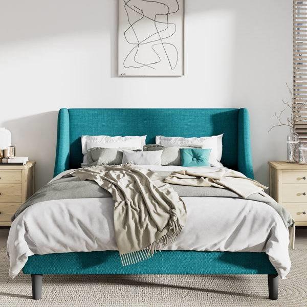 Queen Size Turquoise Linen Blend Upholstered Platform Bed with Wingback Headboard - PRHOMZ