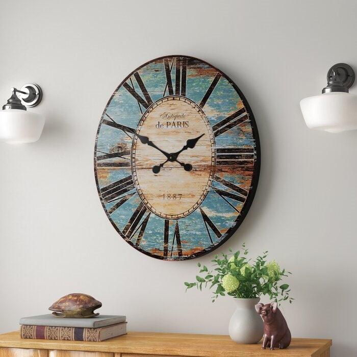 Turquoise Oversized Distressed Paris Wood Wall Clock - PRHOMZ