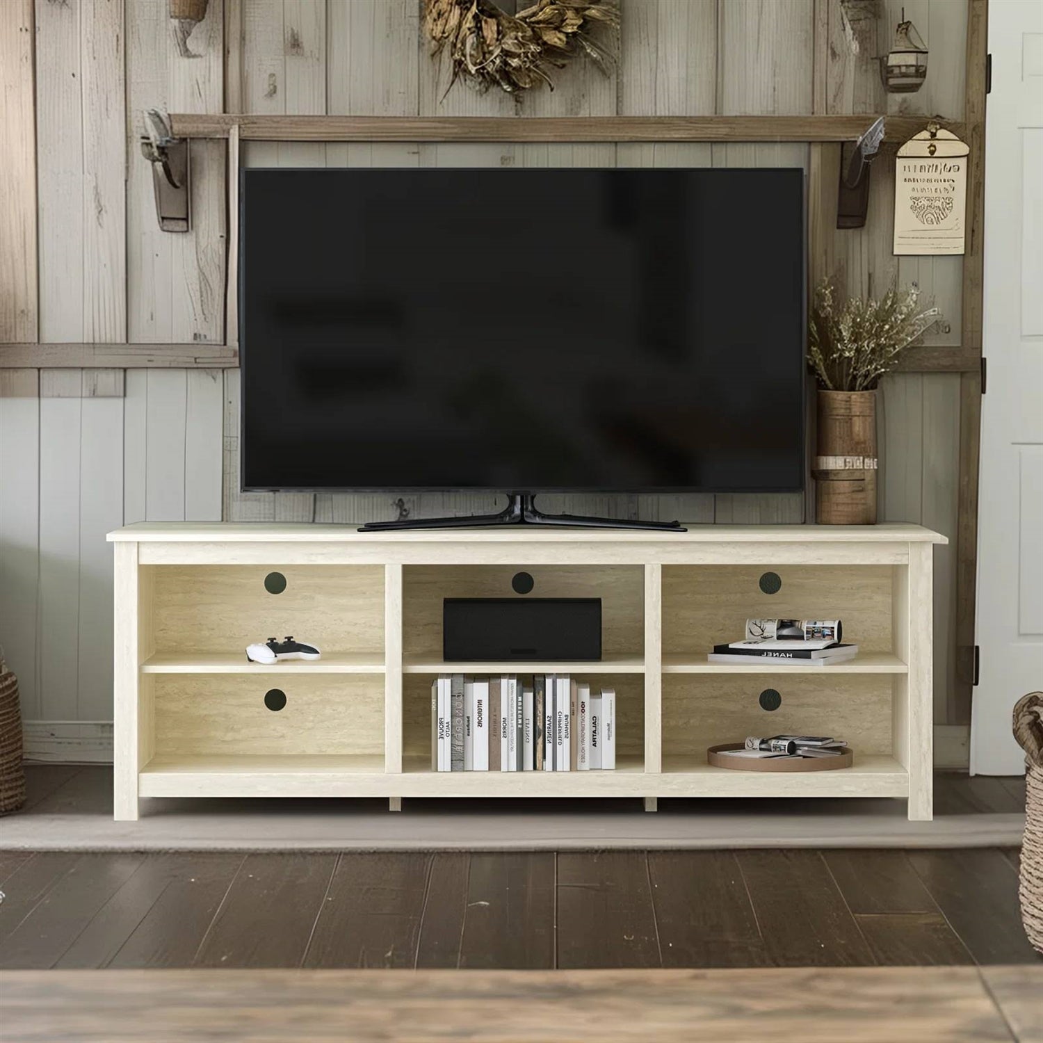 Farmhouse TV Stand in Light Travertine Wood Finish - for TVs up to 70-inch-0