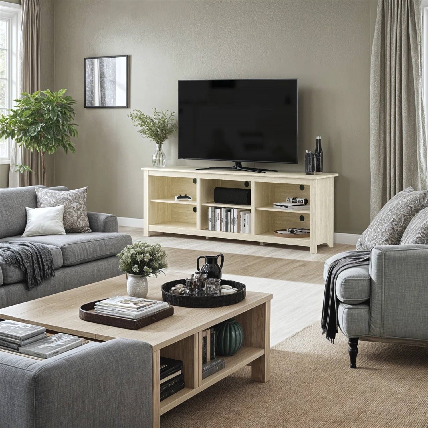 Farmhouse TV Stand in Light Travertine Wood Finish - for TVs up to 70-inch-2