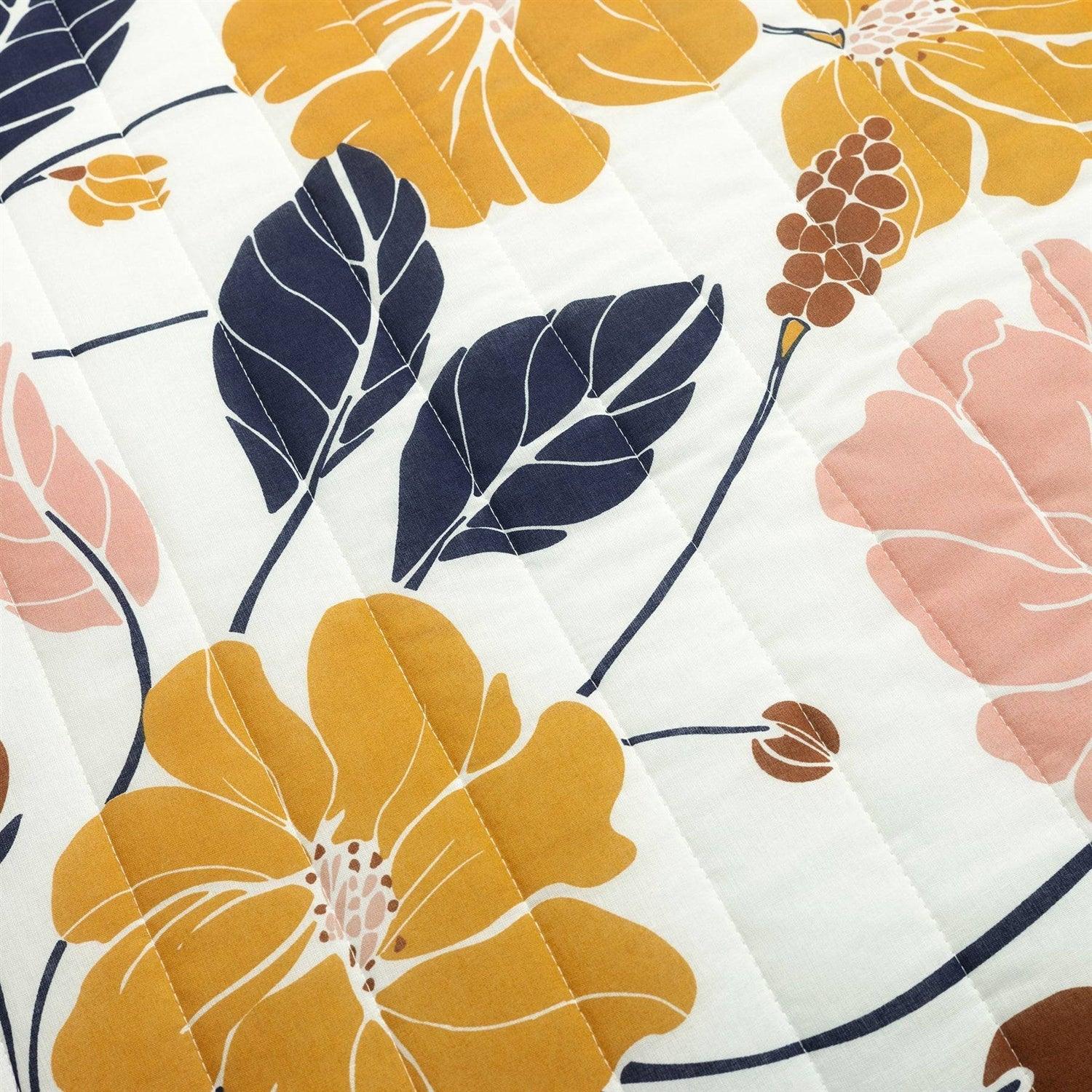 Twin/Twin XL Orange Yellow Pink Navy Blue Floral Flowers Lightweight Quilt Set - PRHOMZ