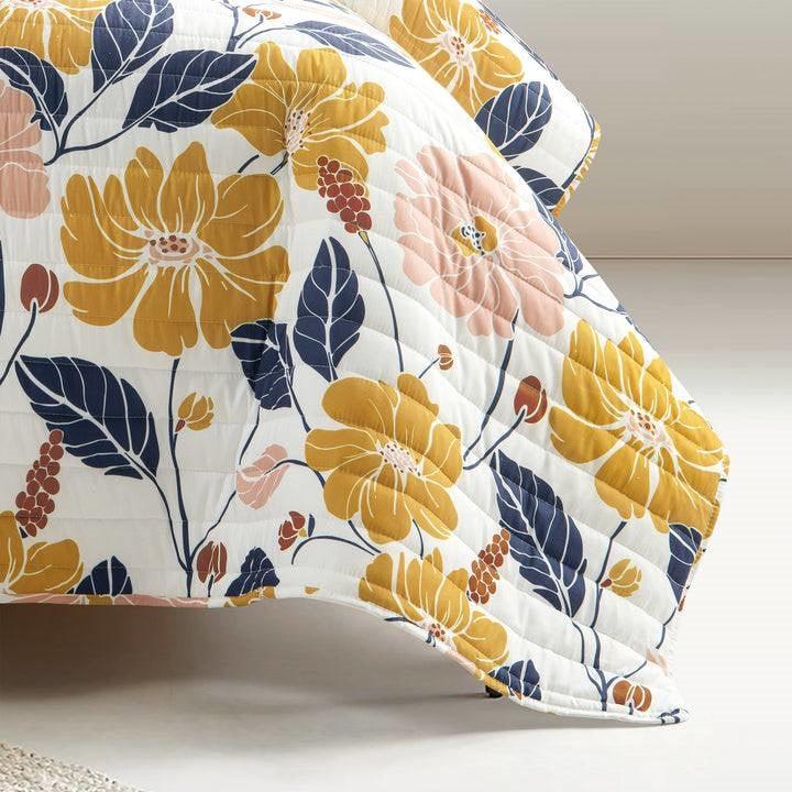 Twin/Twin XL Orange Yellow Pink Navy Blue Floral Flowers Lightweight Quilt Set - PRHOMZ