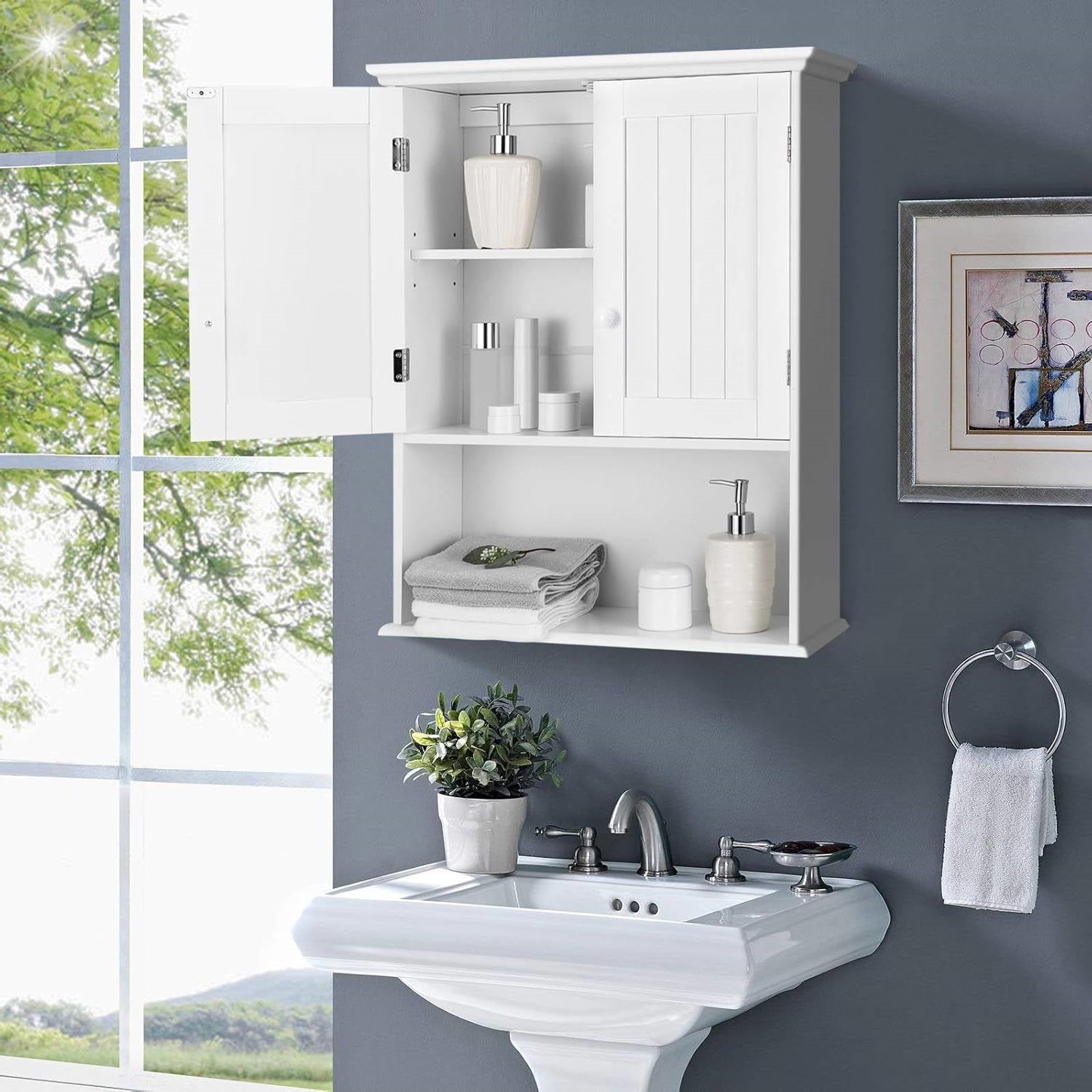 Bathroom Wall Mount Medicine Cabinet with Open Storage Shelf in White-3