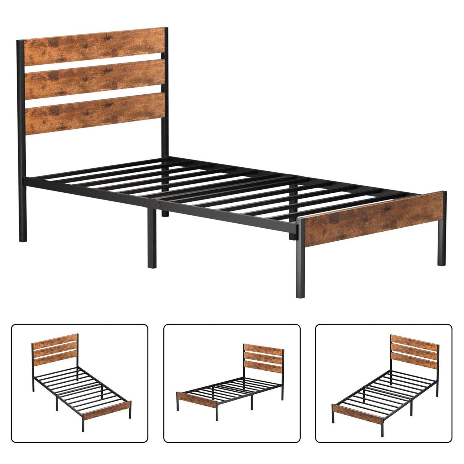 Twin Industrial Platform Bed Frame with Brown Wood Slatted Headboard Footboard - PRHOMZ