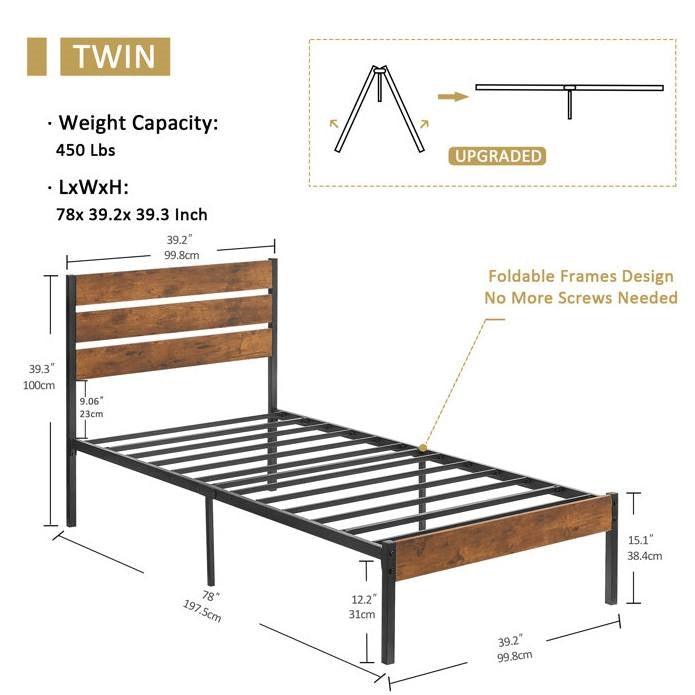 Twin Industrial Platform Bed Frame with Brown Wood Slatted Headboard Footboard - PRHOMZ