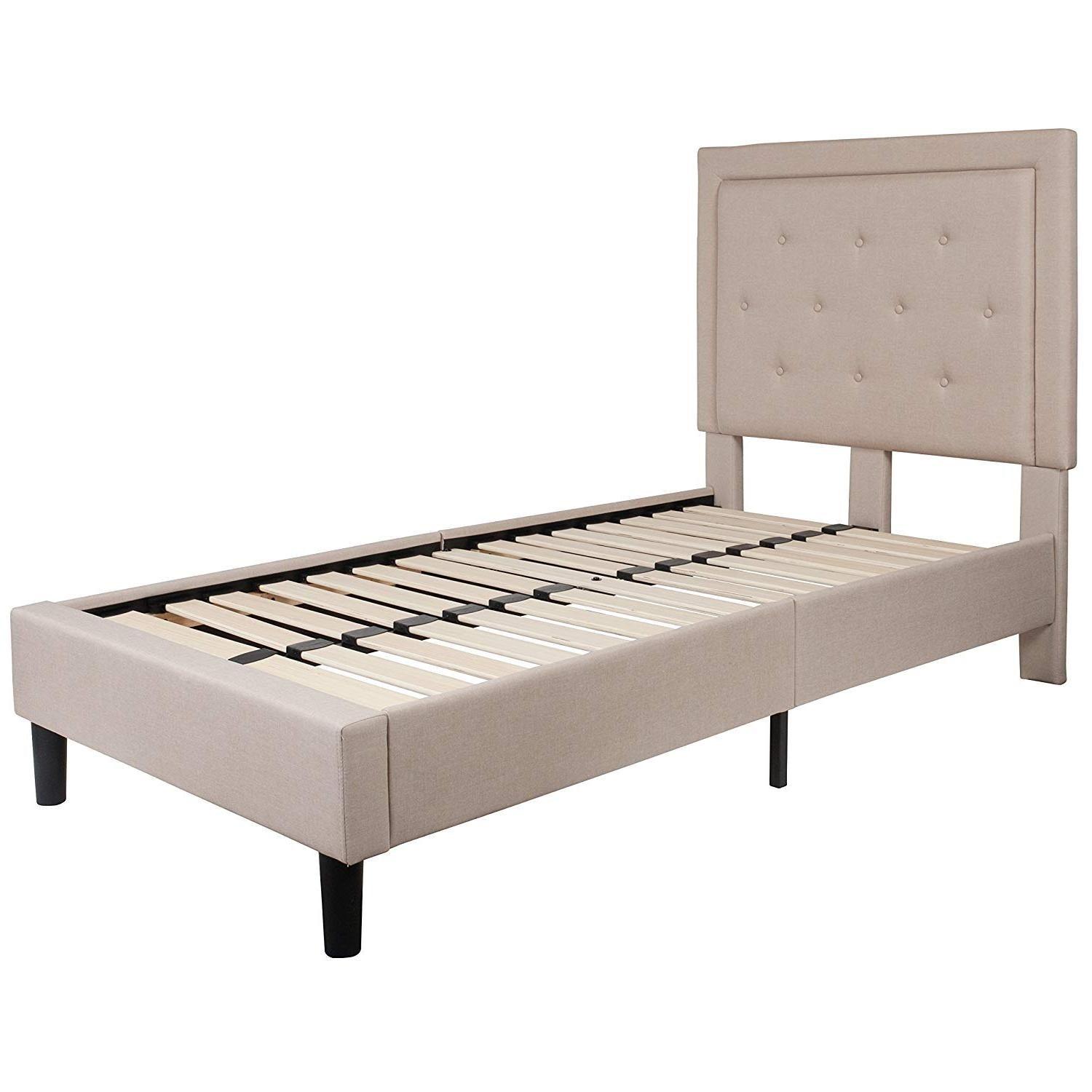 Twin Beige Fabric Upholstered Platform Bed with Button Tufted Headboard - PRHOMZ