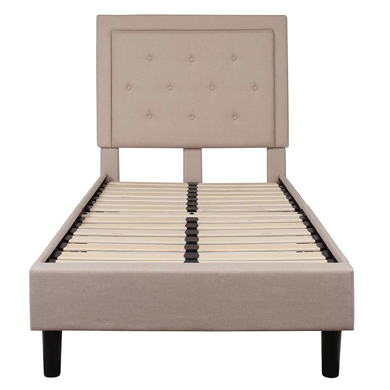 Twin Beige Fabric Upholstered Platform Bed with Button Tufted Headboard - PRHOMZ