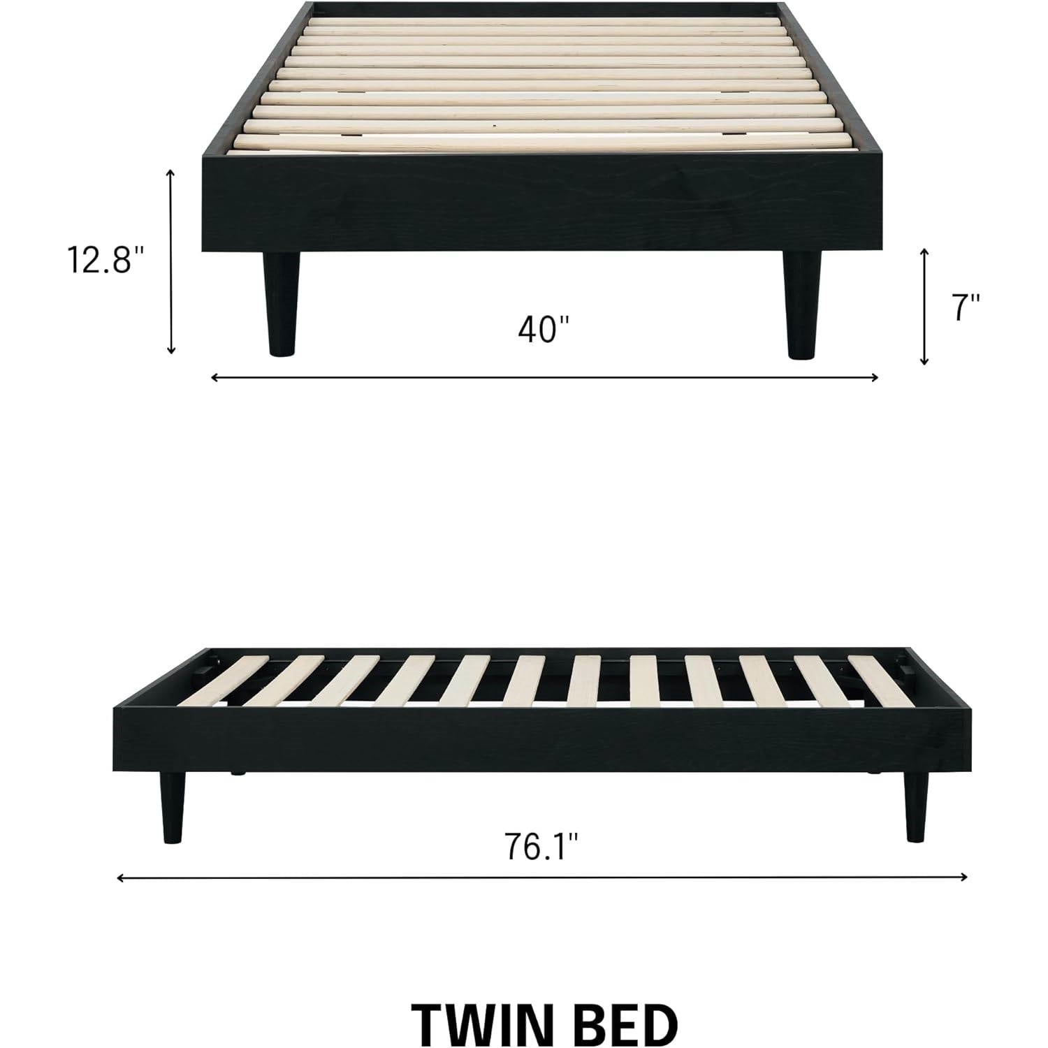 Twin size Mid-Century Modern Platform Bed Frame in Black Wood Finish-3