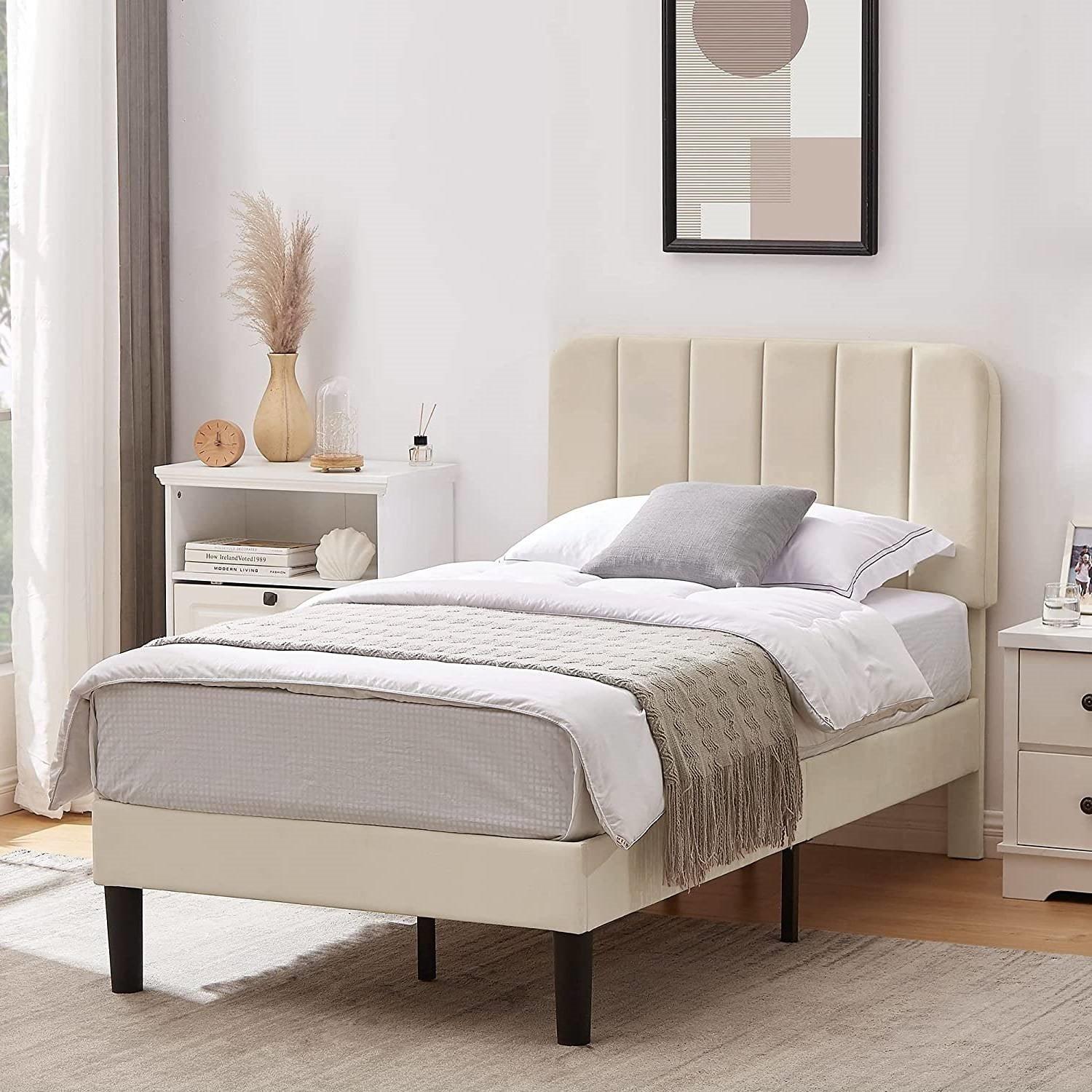 Twin size Beige Upholstered Platform Bed Frame with Headboard-0