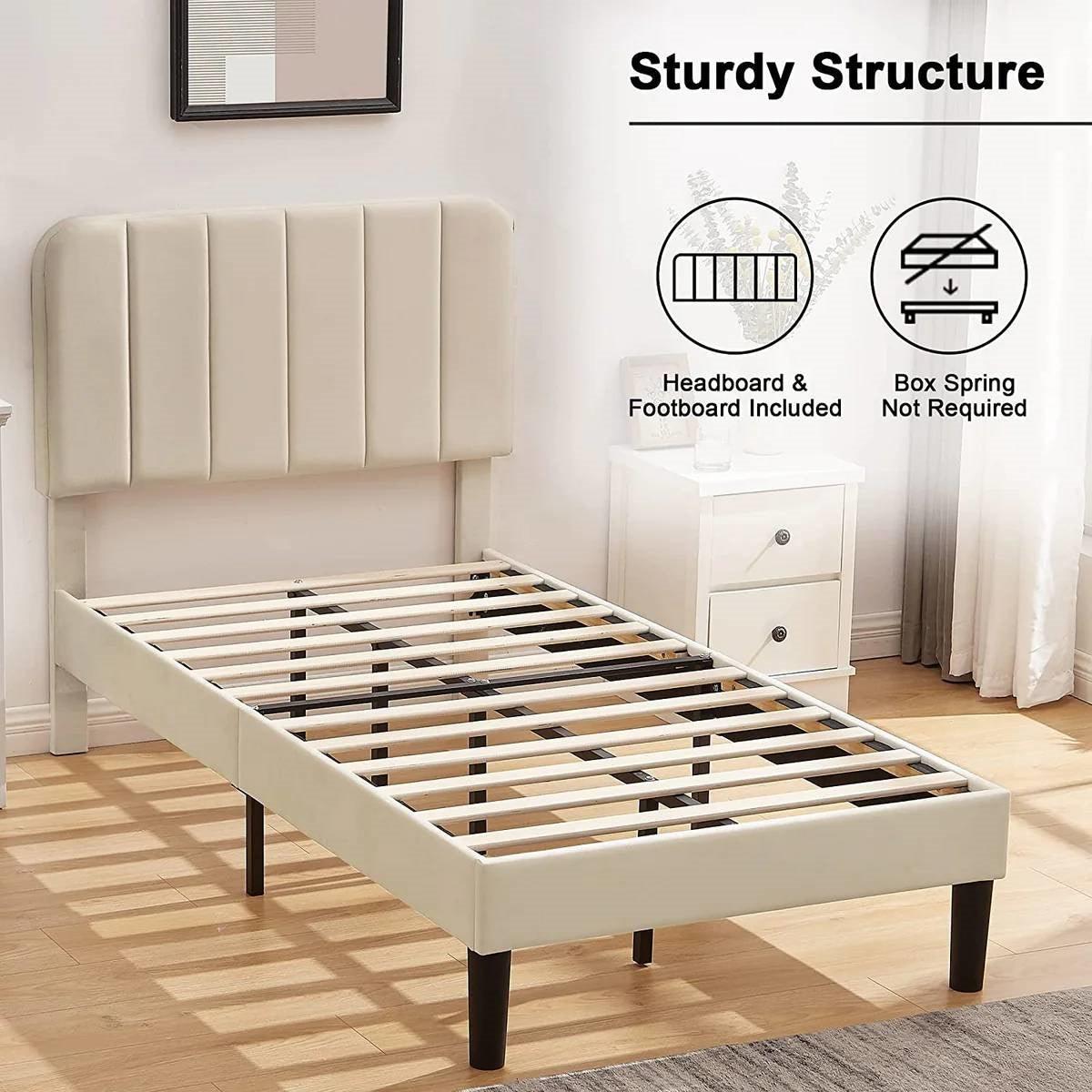 Twin size Beige Upholstered Platform Bed Frame with Headboard-3