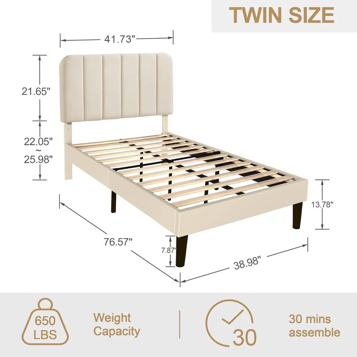 Twin size Beige Upholstered Platform Bed Frame with Headboard-4
