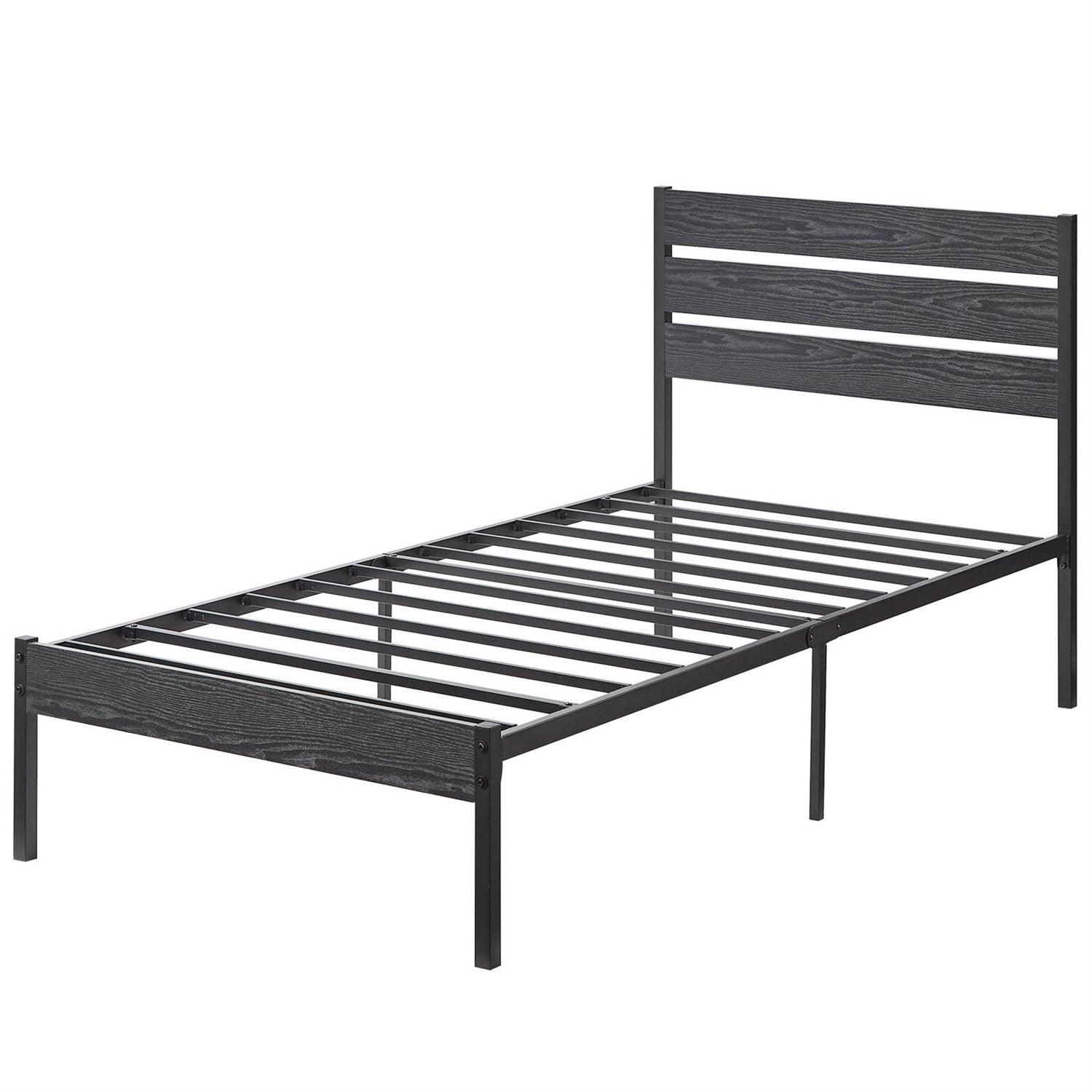 Twin size Industrial Platform Bed Frame with Wood Slatted Headboard in Black - PRHOMZ