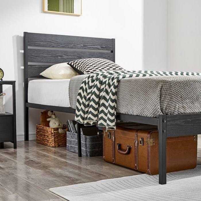Twin size Industrial Platform Bed Frame with Wood Slatted Headboard in Black - PRHOMZ