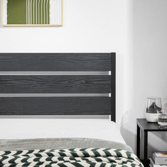 Twin size Industrial Platform Bed Frame with Wood Slatted Headboard in Black - PRHOMZ