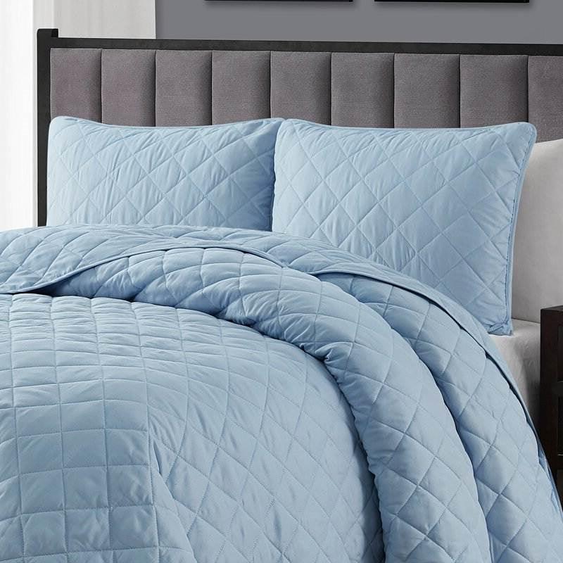 Twin/Twin XL 2-Piece Light Blue Microfiber Reversible Diamond Quilt Set - PRHOMZ