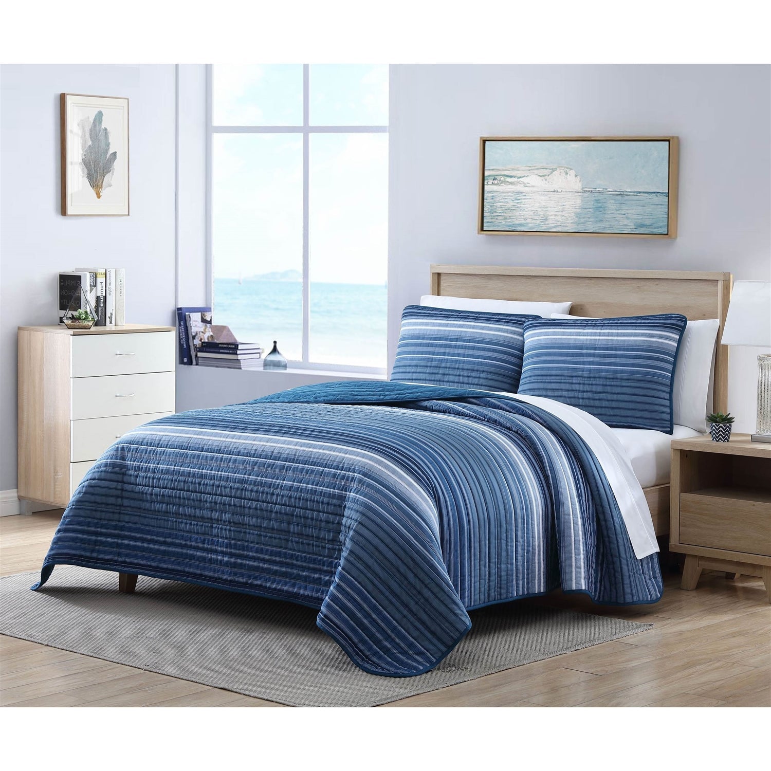 Twin Size Coastal Blue Stripe Reversible Cotton Quilt Set-0