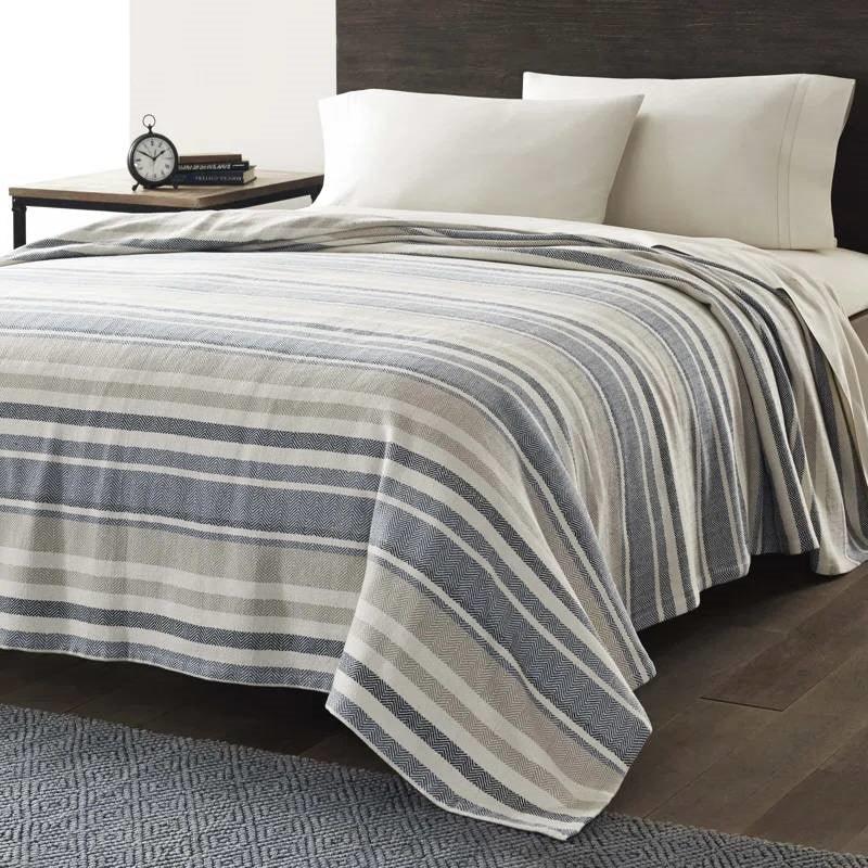 Twin size Navy Blue Tan Cream Chevron Stripe Lightweight Cotton Blanket - PRHOMZ