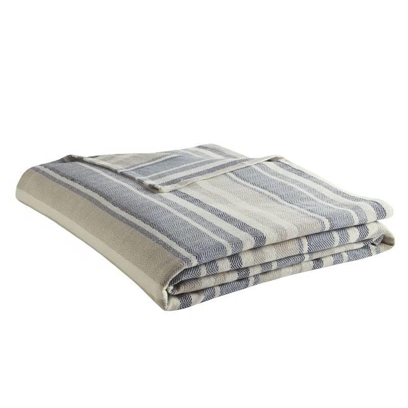 Twin size Navy Blue Tan Cream Chevron Stripe Lightweight Cotton Blanket - PRHOMZ
