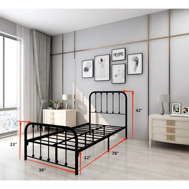 Twin Black Metal Bed Frame with Slatted Rounded Corners Headboard and Footboard-4