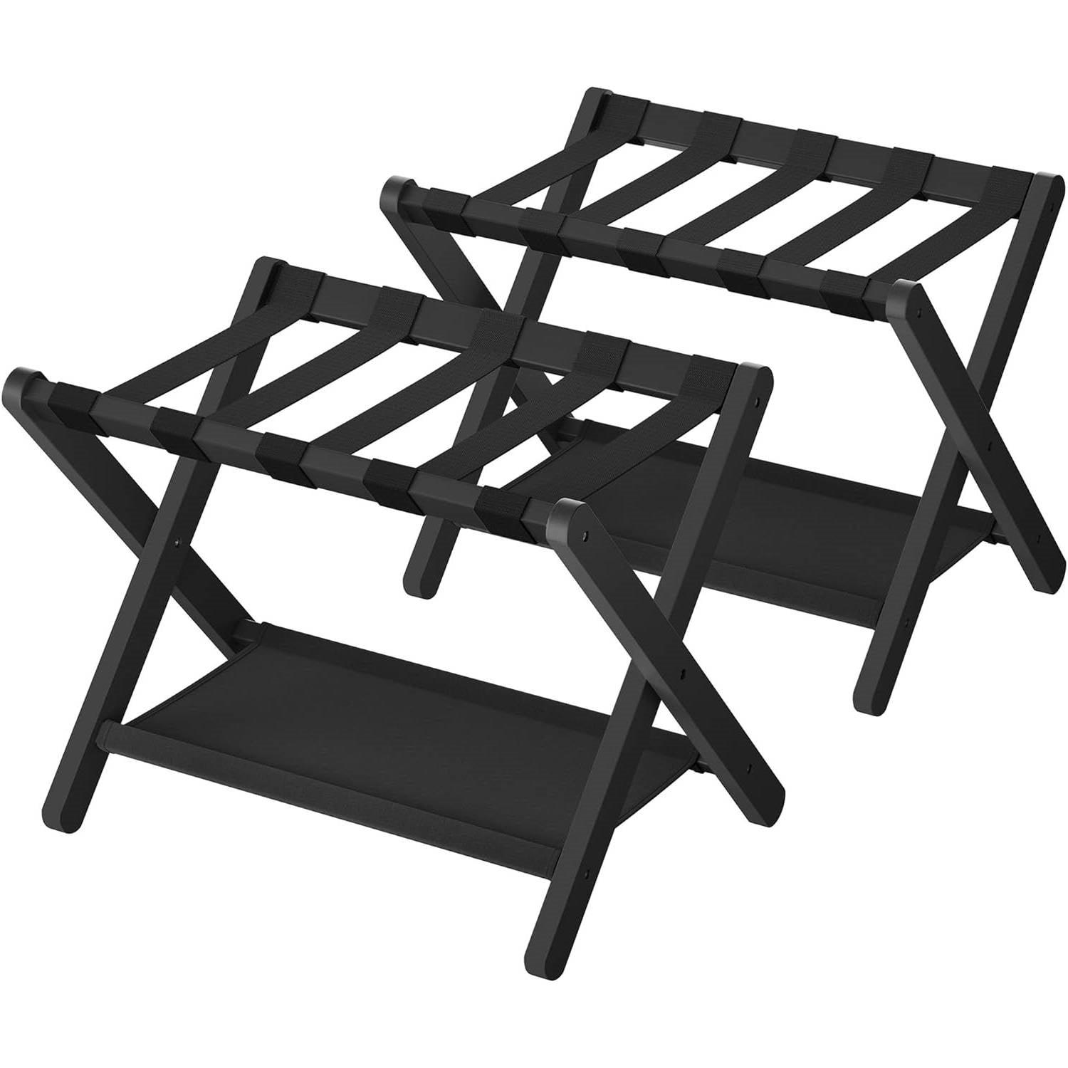 Set of 2 - Sturdy Bamboo Luggage Rack in Black Wood Finish with Lower Storage Shelf - PRHOMZ