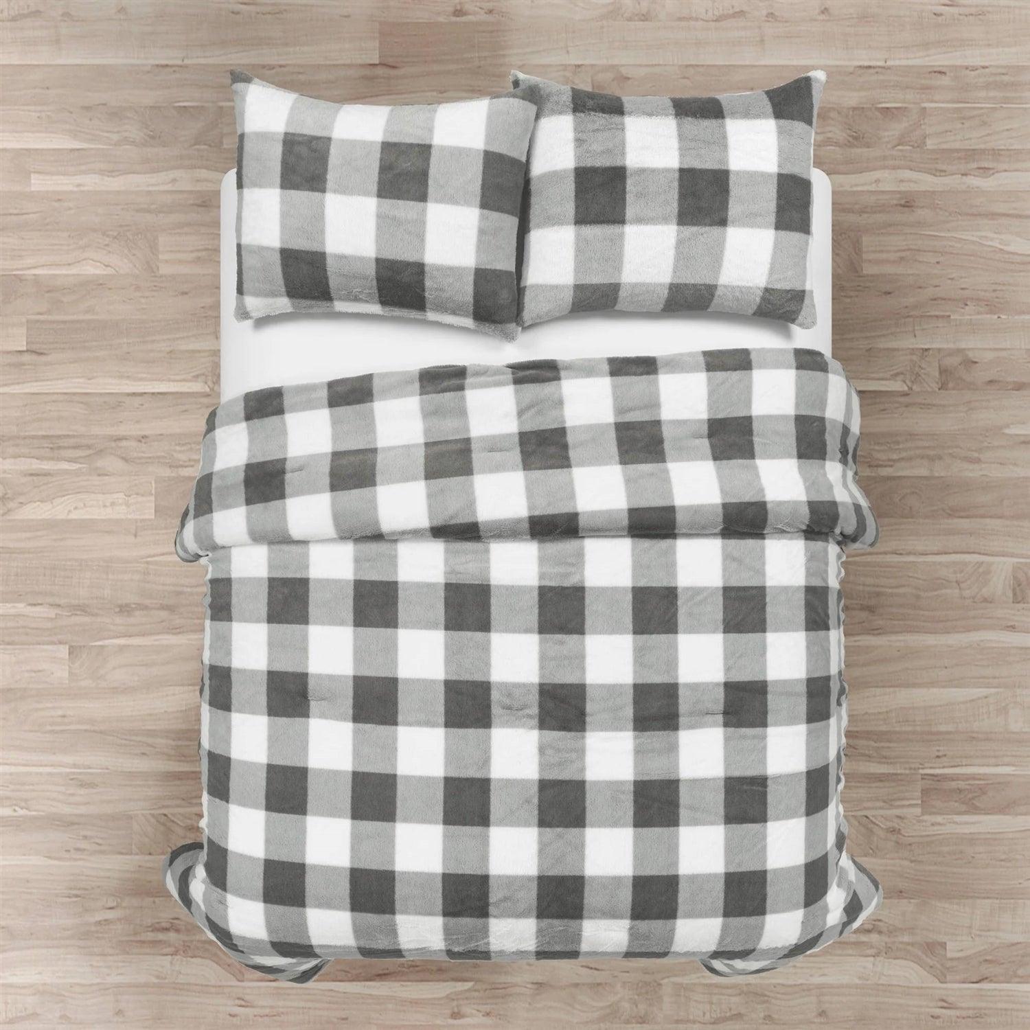 Twin Size Plaid Soft Faux Fur Comforter Set in Black White Grey - PRHOMZ