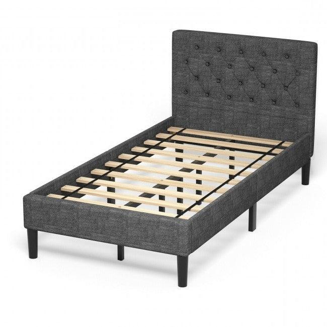 Twin Size Grey Upholstered Button Tufted Headboard Platform Bed - PRHOMZ