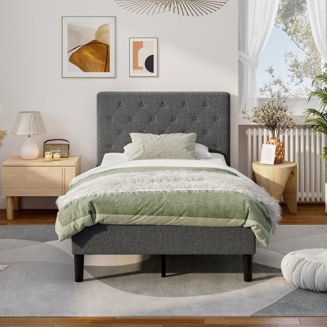 Twin Size Grey Upholstered Button Tufted Headboard Platform Bed - PRHOMZ
