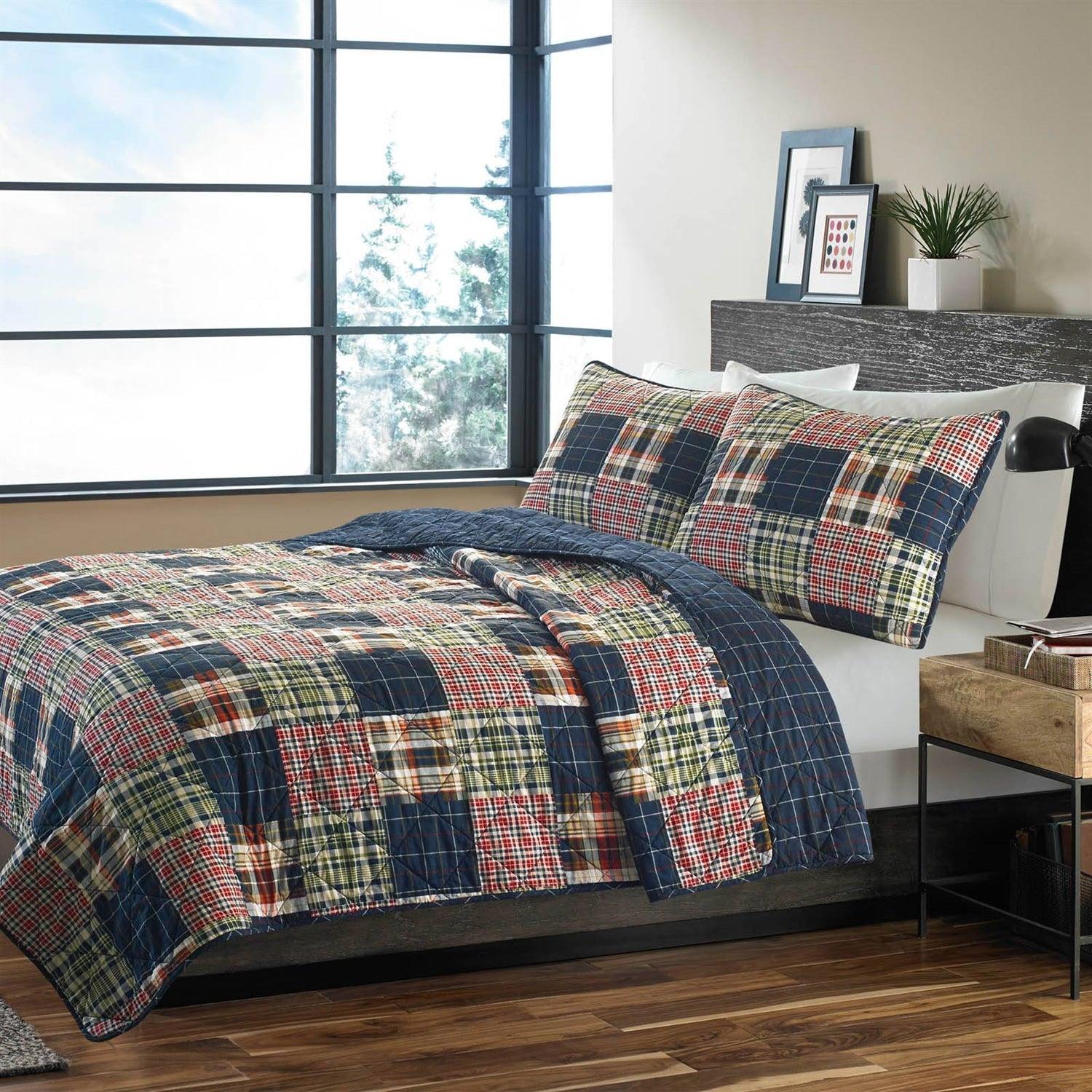 Twin size Farmhouse Red Navy Plaid 100-Percent Cotton Reversible Quilt Set - PRHOMZ