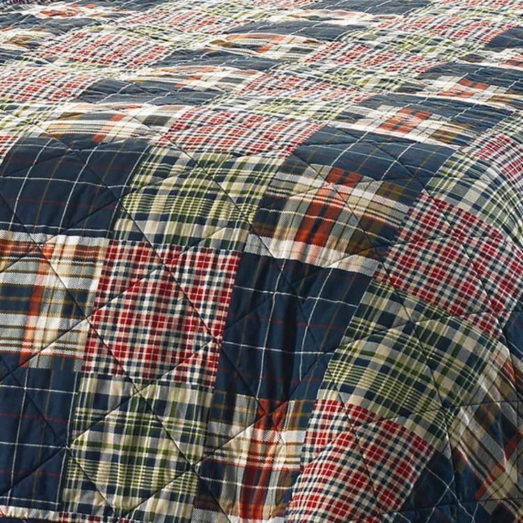 Twin size Farmhouse Red Navy Plaid 100-Percent Cotton Reversible Quilt Set - PRHOMZ