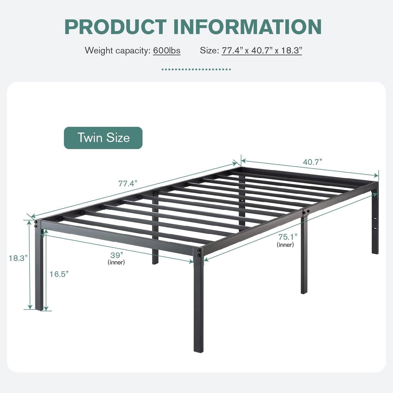 Twin 18-inch High Metal Platform Bed Frame with Under-bed Storage Space - PRHOMZ